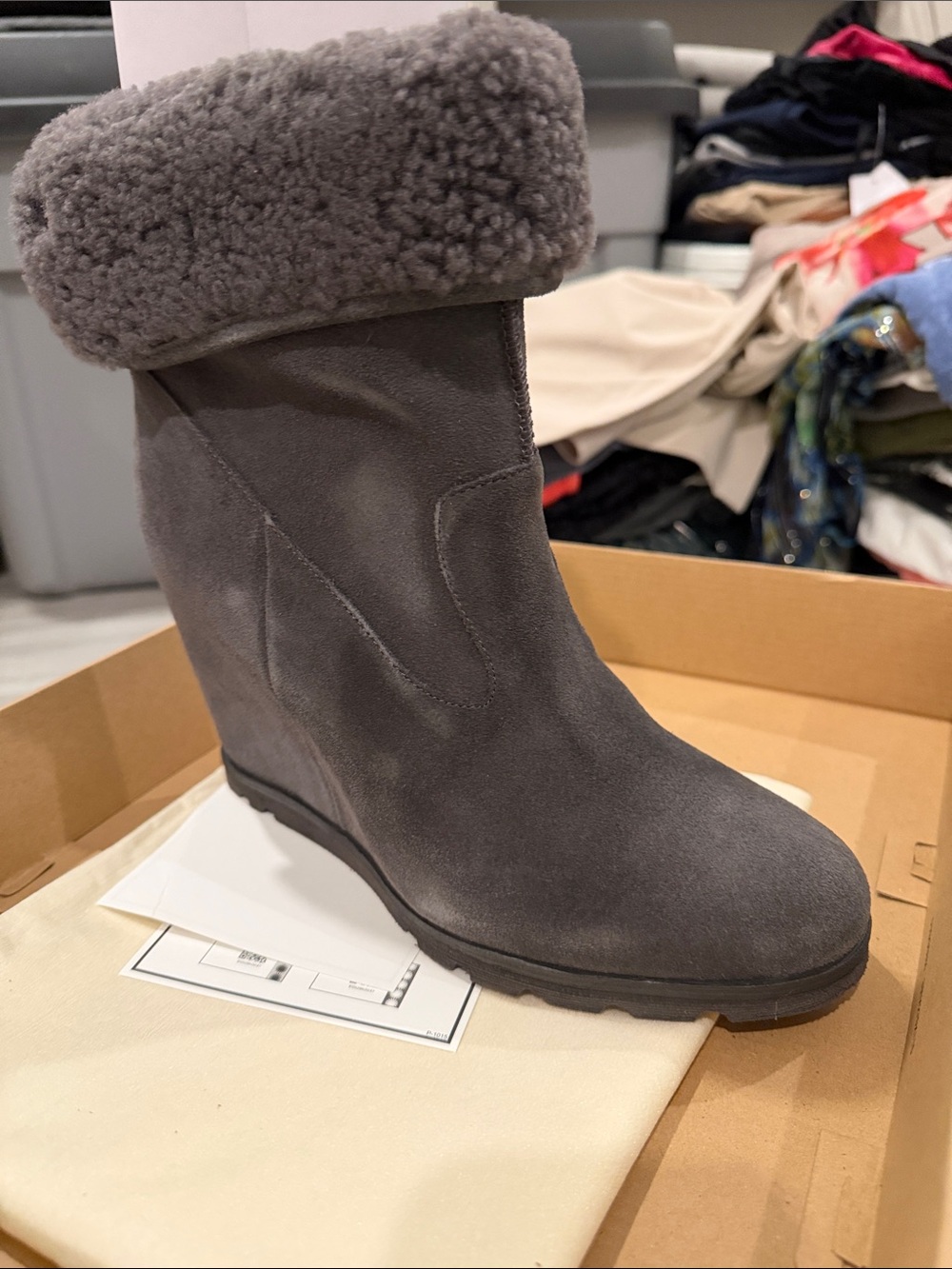Ugg Women’s Gray Suede Wedge Boot with Shearling Cuff